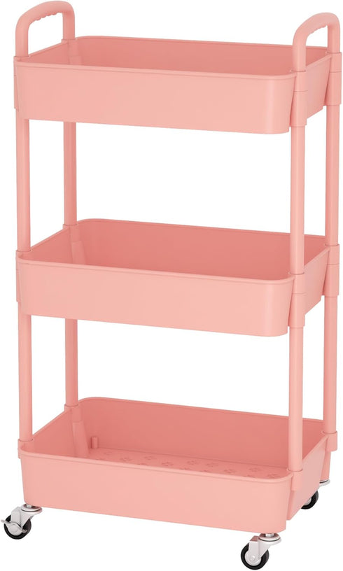 Sywhitta 3-Tier Plastic Rolling Utility Cart, Multi-Functional Storage Trolley with Handle, Pink