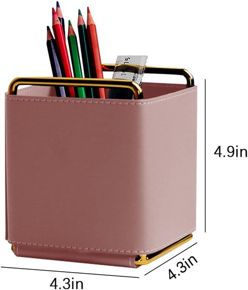 Leather Pencil Holder Desktop Organizer, Iron Art Storage Box for Makeup Brushes and Office Supplies in Pink