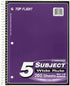 Top Flight Standards 5-Subject Wirebound Notebook, 200 Sheets, 3-Hole Punched, Wide Rule, 10.5 x 8 Inches, Color May