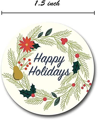 Ivory Holiday Floral Happy Holidays Stickers, 1000 White Wreath Christmas Labels Roll, 1.5" Round Seals
