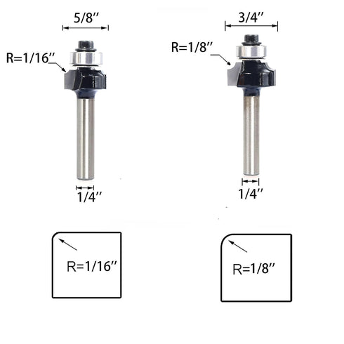 6PCS Set 6 3/8" 1/4 2-in-1 Trimming Roundover Router Bit with Extra Guide Bearings, Shank Carbide Edge Forming Bits