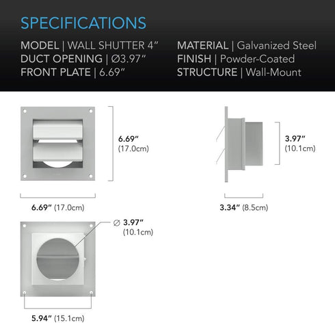 4 AC Infinity Wall Mount Duct Shutter, Outdoor Louver Gable Vent Hood for Home Attic Grow Tent HVAC Systems