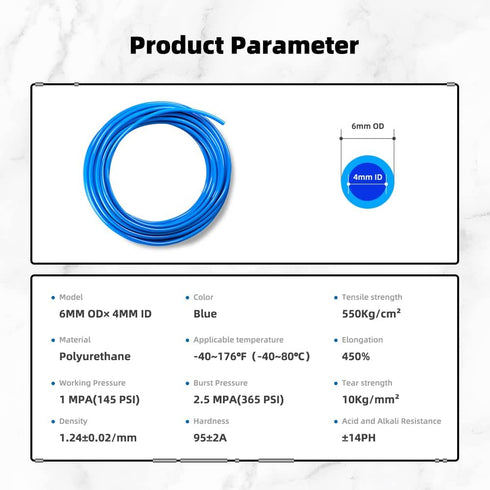 Pneumatic Tubing Blue PU Air hose Pipe Tube Kit 6mm OD 4mm ID 39.4ft/12 Meter for Air Line or Fluid Transfer