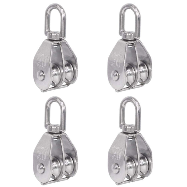 Rocaris 4 Pack Stainless Steel Wire Rope Crane Double Pulley Block - M20 Lifting Crane Swivel Hook