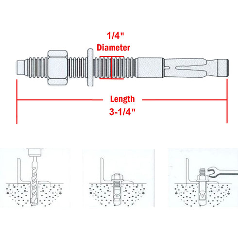 1/4" X 3-1/4" Concrete Anchor, 304 Stainless Wedge Anchor with Anti-Rust Performance, 10pcs Kit