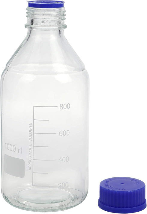 Moonetto 4 Pieces 1000ml Graduated Round Media/Storage Glass Bottles with GL45 Blue Polypropylene Screw Cap