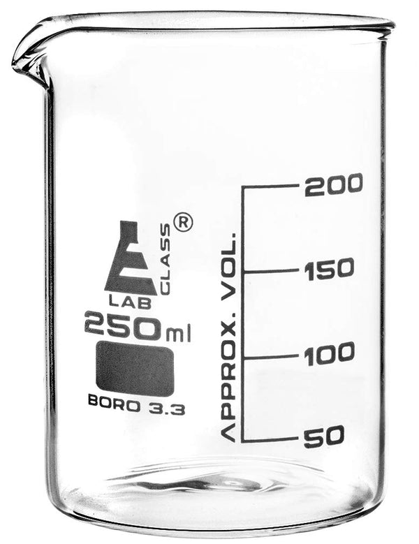 EISCO Beaker, 250ml - Griffin Style, Low Form with Spout, Borosilicate 3.3 Glass