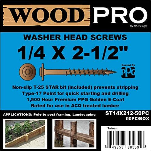 ST14X212-50PC 1/4-Inch by 2-1/2-Inch Length Round Washer Head Exterior Wood Screws, 50-Pack