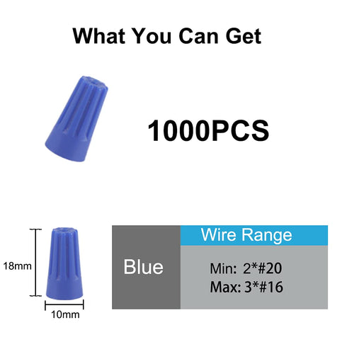 Wire Connectors Nuts, 1000 PCS Blue Electrical Screw Springs Caps Terminals, Stainless Assortment Set for AWG 22-12