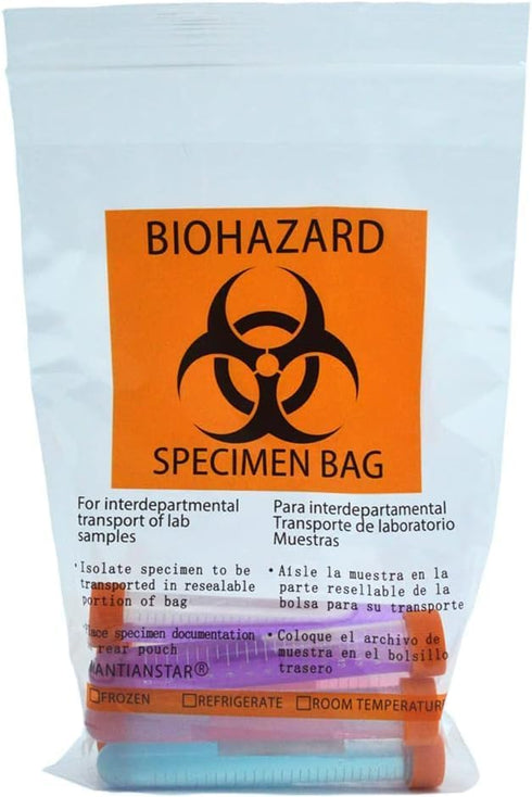 Mantianstar Biohazard Bags 6x9in/15x25cm,Specimen Bags with Biohazard Logo Printing, Lab Sample Bag with