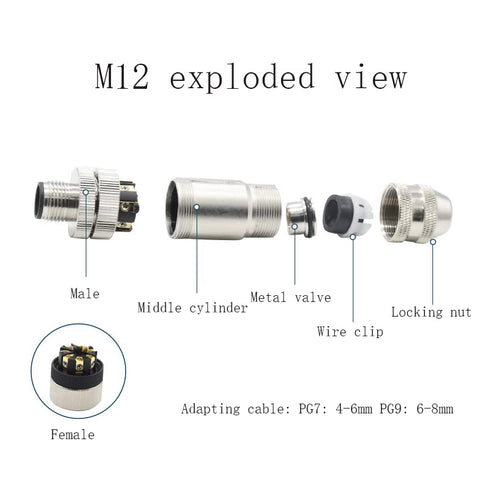 2Pcs M12 4 Pin Male Connector, D Code Straight Type Adapter for PG7/PG9 Cable IP67 Waterproof Shielding
