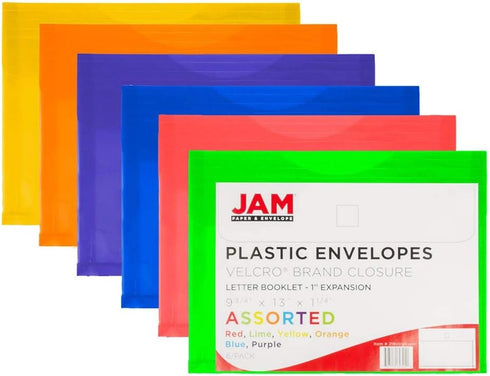 JAM PAPER Plastic Expansion Envelopes with Hook & Loop Closure - Letter Booklet - 9 3/4 x 13 with 1 Inch Expansion - Assorted Colors - 6/Pack by JAM Paper