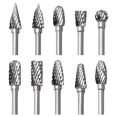 Tungsten Carbide Rotary Burr Set for Dremel, 10PCS Double Cut Carving Bits with 1/8 Shank for Woodworking