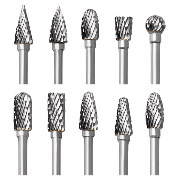 Tungsten Carbide Rotary Burr Set for Dremel, 10PCS Double Cut Carving Bits with 1/8 Shank for Woodworking
