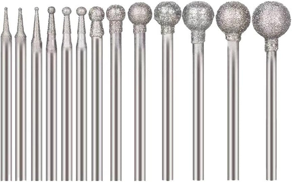13 Pcs Ball Shape Diamond Burr Diamond Mounted Grinding Burs Stone Carving Set with 3/32 inch Mandrel for Rotary Tools