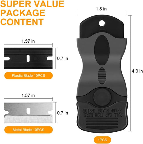 Ainiv 2-in-1 10PCS 10PCS Razor Blade Scraper, Scraper Tool with Metal Blades and Plastic Blades, Multi-funtional