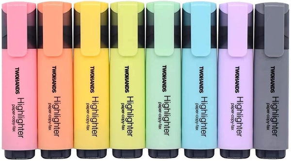 TWOHANDS Highlighters, 8 Assorted Pastel Colors, Chisel Tip Marker Pen with Large Ink Reservoir for Long Marking