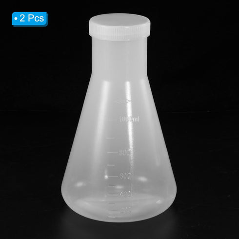 PATIKIL 1000ml Plastic Erlenmeyer Flask with Screw Caps, 2 Pack Narrow Mouth Conical Flask for Laboratory