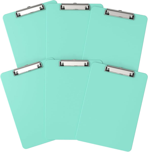 Bulk Plastic Clipboards 6 Pack - Teal Clip Board 8.5x11 for Classroom, Students, A4 Size 9" x 12.5" with Low Profile