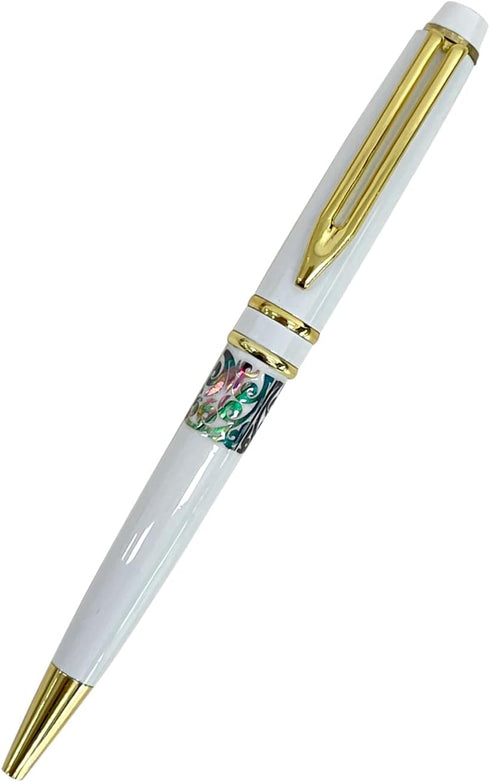 Inlay Mother of Pearl Design Handmade Ballpoint Pen, Deluxe Black Ink Rollerball Executive Gift (White)