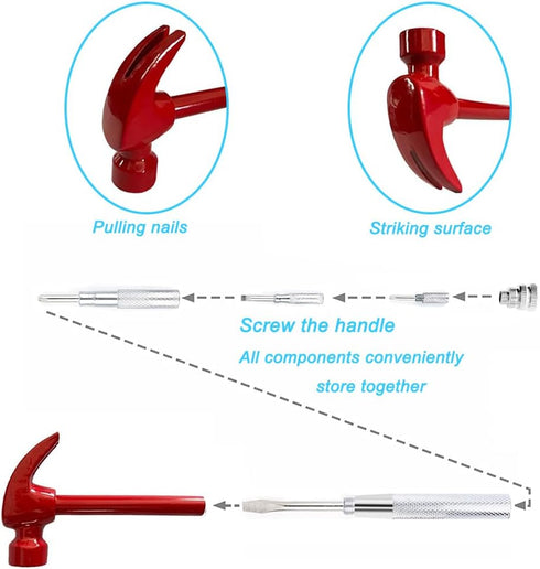 Hammer Brass Hammer with Screwdriver, 6 in 1 Small Hammer, Multitool Camping Hammer Set with Slotted/Flat Head Phillips Screwdriver Hammers Hand Tools RED by HomeClean