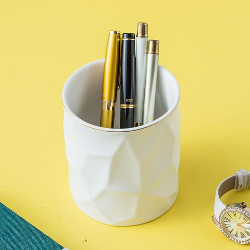 Ceramic Irregular Round Pen Holder, Cute Stand Gold Line Pencil Cup Pot, Desk Organizer for Girls Makeup Brushes, White