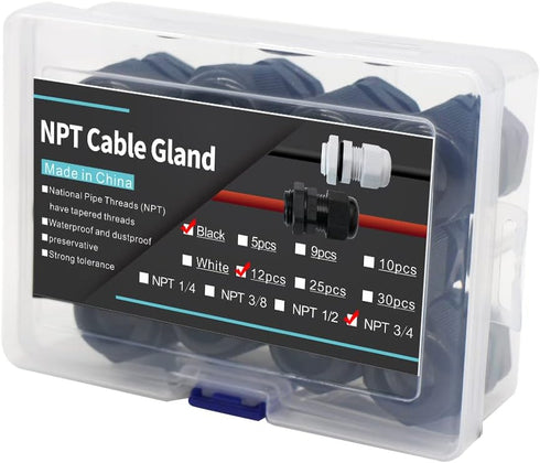 Cable Glands 3/4 Inch Nylon Waterproof Cable Connector, IP68 Waterproof Cable Range 13-18mm, 12 Pack