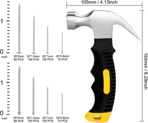 KURUI 700PCs Assortment Kit Small Nails for Hanging Pictures & 8oz Mini Hammer, 280 Wall & Finishing Nails