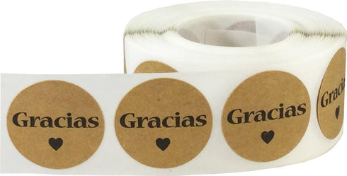 Gracias Spanish Thank You Natural Kraft Adhesive Stickers, 1 Inch Round Circle Dots, 500 Labels Per Roll