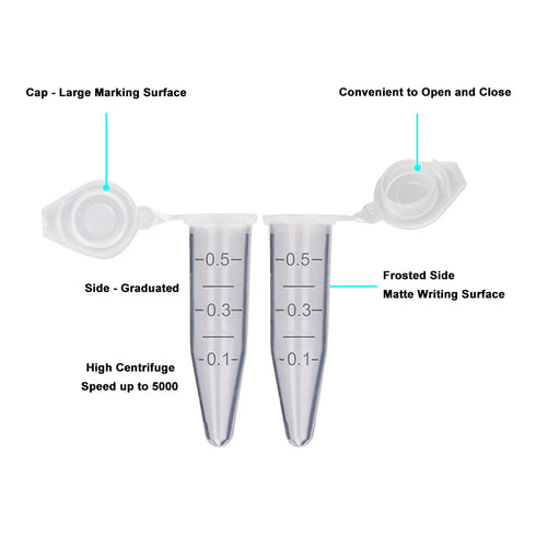 stonylab Micro Centrifuge Tubes, 0.5ml Polypropylene Graduated Clear Plastic Centrifuge Vials with Flat-Top Snap Cap, Pack of 500 (0.5ml, 500 Packs)