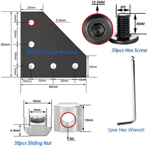 6Sets 2020 Corner Bracket Connectors 5 Hole L Shape Joint Plates for 2020 Series 6mm Slot Aluminum Extrusion Profile Accessories(L Black)
