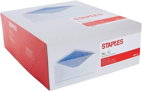 Staples Gummed Security Tint #10 Envelope | 4-1/8-Inch X 9-1/2-Inch | White | 500/Bx