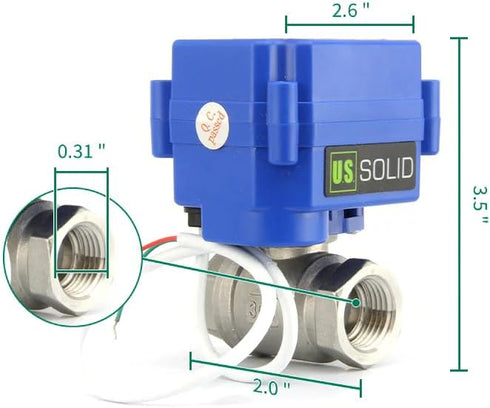 1/4" 304SS 9-24V 2 Setup U.S. Solid Motorized Ball Valve- NSF Certified Ball Valve with Full Port, AC/DC and Wire Auto