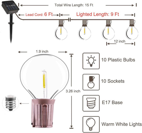 15FT G50 10 Bulbs, (15FT) Solar Outdoor String Lights, Patio Lights String Waterproof with Warm White LED Shatterproof
