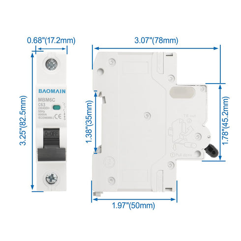 Baomain 6A AC Miniature Circuit Breaker, 1 Pole Circuit Breaker AC 400V 50Hz 6000A, C65 MCB DIN Rail Mount, MBM6C-1P