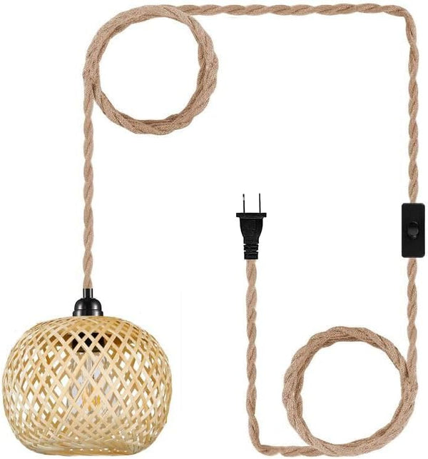 EcoGehen Boho Plug in Pendant Light Wicker Rattan Hanging Lights with 15ft Hemp