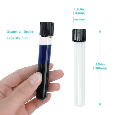 16x100mm Glass Test Tubes with Black Screw Cap, 10ml Boro Glass Test Tubes for Scientific Experiments, Candy Storage, Party and Home Decorations, Plant Propagation and Holiday Gifts, HUAOU, Pack of 10