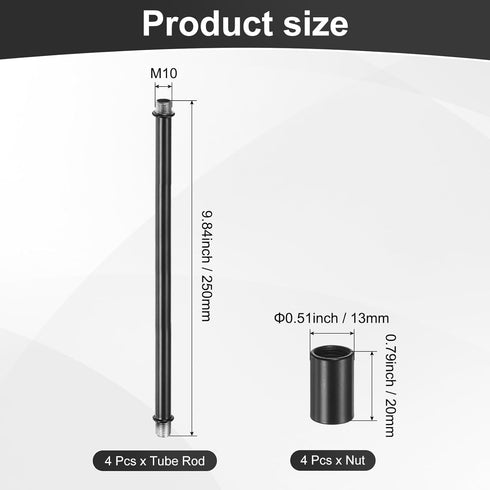 M METERXITY 4-Set 250mm(9.84") M10 Straight Pipe Lamp Stem Kit, Long Double End Thread Rod W/Coupling Sleeve Nuts