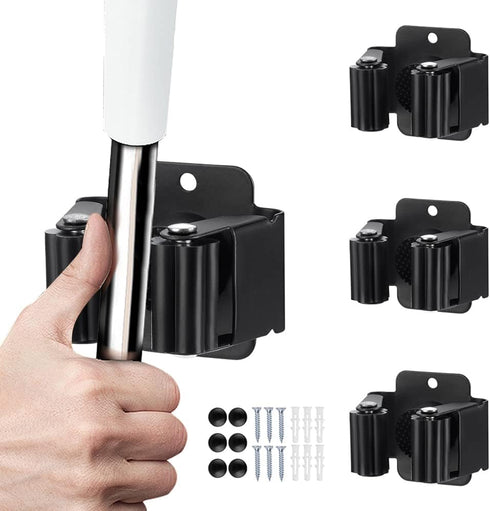 3PCS Heavy Duty Broom and Mop Holder, Stainless Steel Wall Mounted Utility Rack with Screws, Matte Black