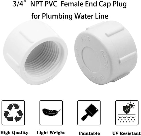 3/4 Inch PVC Cap Female End Cap Plug, 12 Pack for Plumbing Water Line