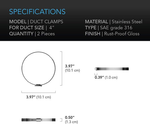 AC Infinity Stainless Steel Duct Clamps, 4-Inch, Pack of 2 - For Ducting, Heating, Cooling, Exhaust, Ventilation