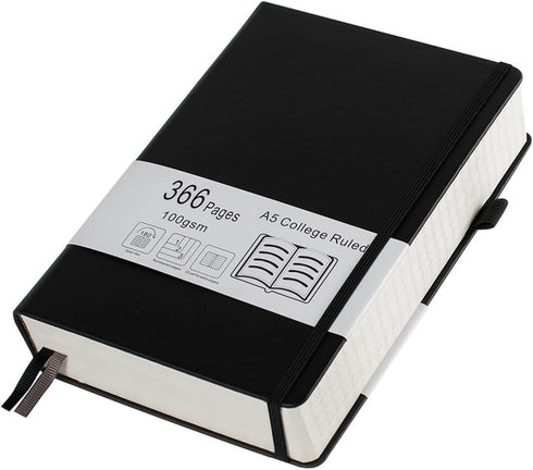 Thick College Ruled Notebook - 366 Numbered Pages, A5 Journals for Writing with 100GSM Lined Paper, Hardcover Leather