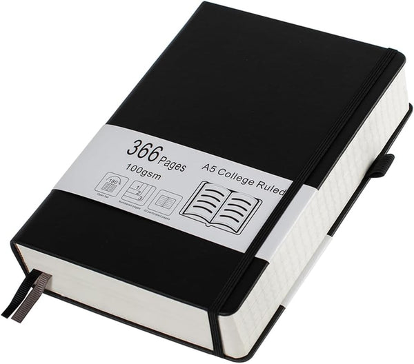 Thick College Ruled Notebook - 366 Numbered Pages, A5 Journals for Writing with 100GSM Lined Paper, Hardcover Leather