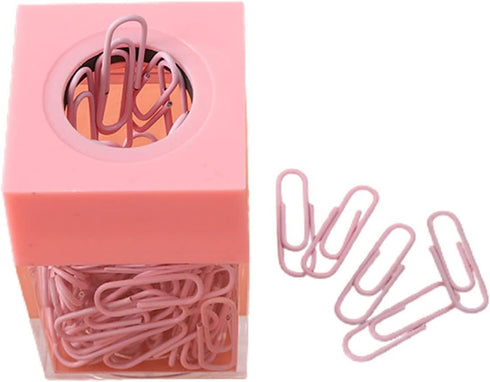 Pink Magnetic Paper Clip Dispenser Holder, Clear Acrylic Organizer with Magnetic Top for Cute Office Supplies