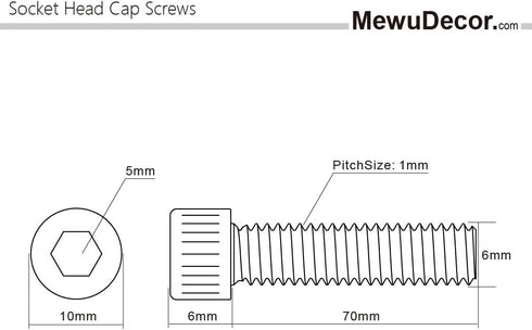 M6-1.0 x 70mm Socket Head Cap Screws Metric, Allen Socket Drive, Stainless Steel 18-8, Fully Threaded, 10 PCS