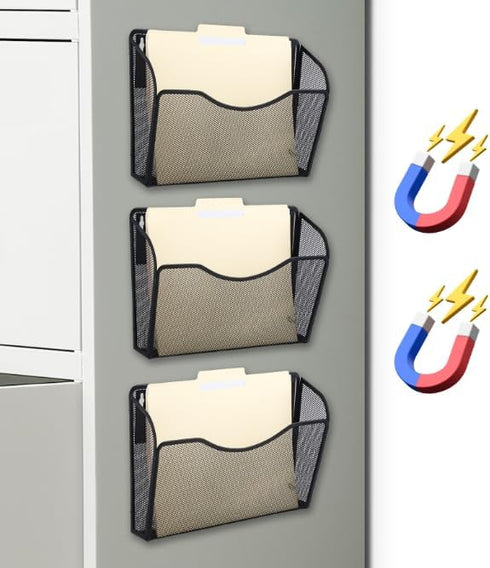EASEPRES Magnetic Mesh 3 Pockets File Organizer - Hanging Vertical Wall File Organizer Holder Rack for Office Use
