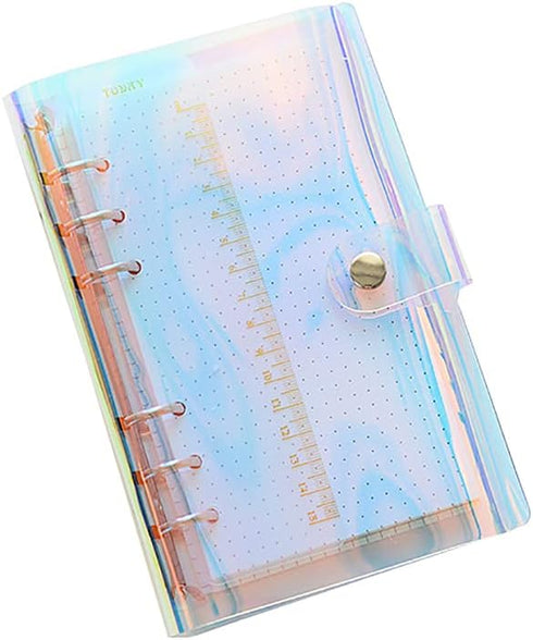 Clear Rainbow 6-Ring PVC Binder Cover, 2 Pcs, Holographic Notebook Protector with Button Closure