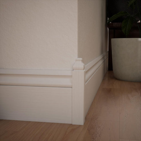 1 1/8"W 6 1/2"H 1 1/8"P 5 1/4"H 1 1/8"P, x x Americraft Solid Paint Grade Wood Universal Baseboard Outside Corner Block