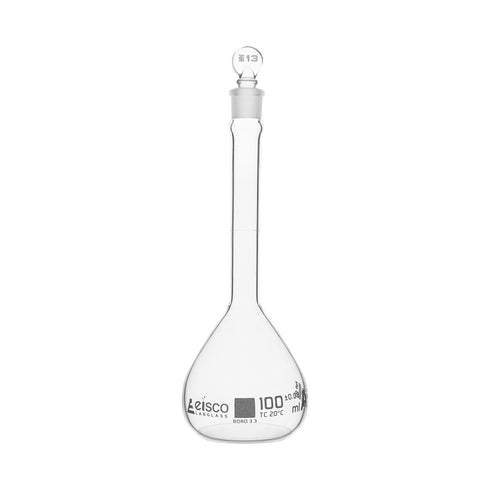 EISCO Volumetric Flask, 100ml - Class A, ASTM, Glass Stopper, Single, Blue Graduation
