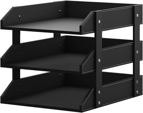 Leather Desk Organizer, Thipoten 3-Tier Stackable Letter Tray Holder for Office Supplies, Black-3Tiers